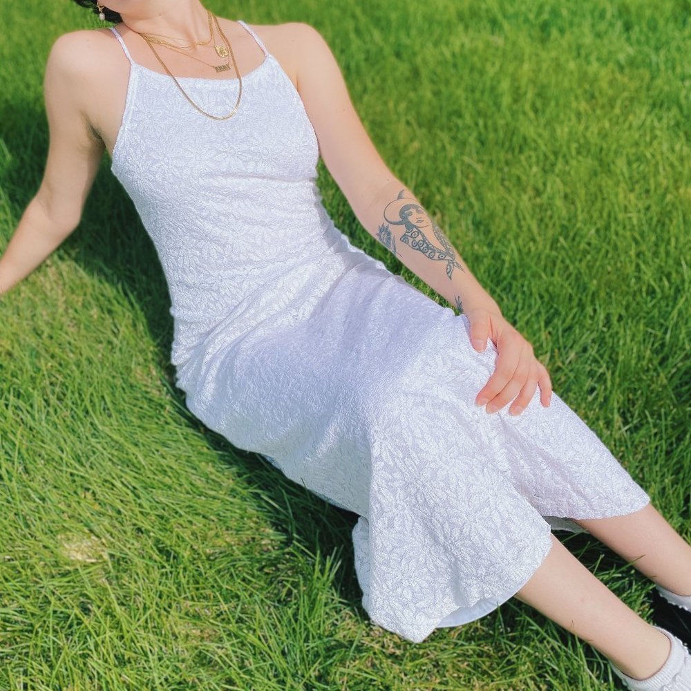Frenze Daisy Mesh Boho 1990s High Neck Maxi Dress